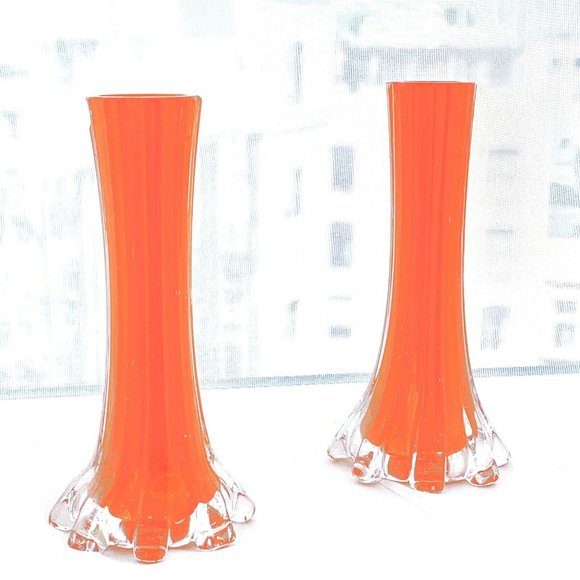 Other - SOLD Pair Vintage Orange Glass Mini Fluted Vases